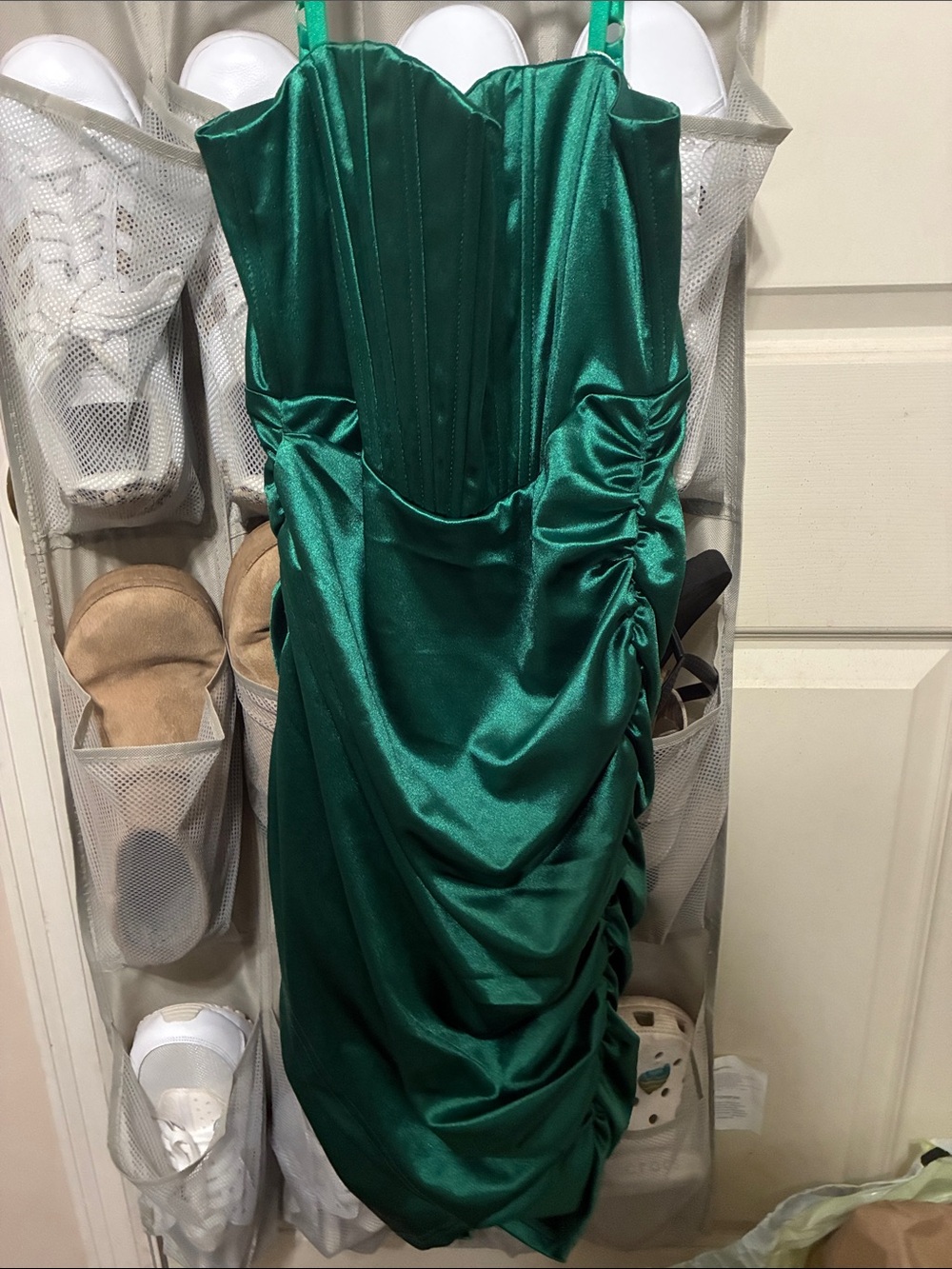 Emerald Green Strapless Ruched Satin Dress